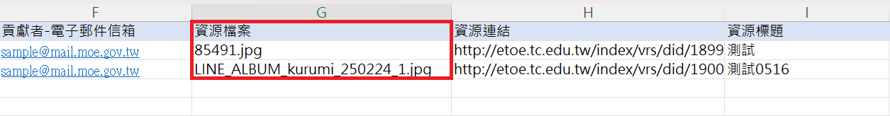 步驟3　excel裡「資源檔案」記述預計上傳的檔案