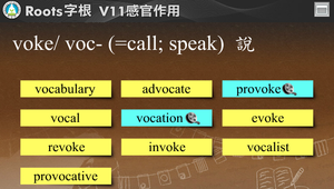 Roots字根-V11.感官作用_voke/ voc- (=call; speak) 說-資源代表圖