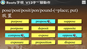 Roots字根-V12.手、腳動作_pose/ post/ posit/ pon/ pound- (