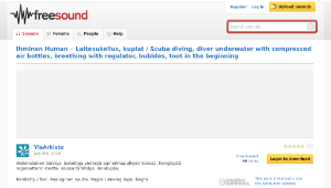 Freesound聲音庫：Laitesukellus, kuplat / Scuba diving, diver underwater with compressed air bottles, breathing with