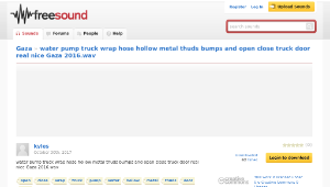 Freesound聲音庫：water pump truck wrap hose hollow metal thuds bumps and open close truck door real nice Gaza 2016