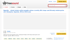 Freesound聲音庫：street slums active people voices crunchy dirt steps and throaty motorcycles cars Kampala, Uganda