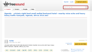 Freesound聲音庫：crickets night loud small walled backyard hotel +nearby voice echo and heavy bassy traffic Kampala