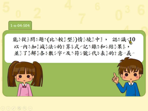 能從比較型問題情境中，認識10以內加、減法的算式記錄和結果，並了解各數字及符號代表的意義