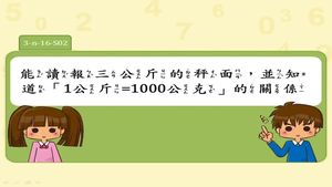 能讀報三公斤的秤面，並知道1公斤等於1000公克的關係