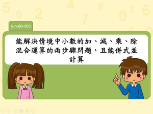 能解決情境中小數的加、減、乘、除混合運算的兩步驟問題，且能併式並計算