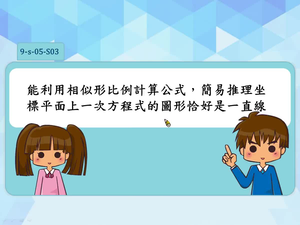 能利用相似形比例計算公式，簡易推理坐標平面上一次方程式的圖形恰好是一直線