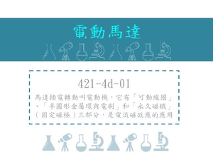 馬達插電轉動叫電動機，它有「可動線圈」、「半圓形金屬環與電刷」和「永久磁鐵」[固定磁極] 三部分，是電流磁效應的應用
