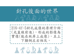 針孔成像的原理介紹「光直線前進」，形成的影像為實像「能在紙屏上成像」，且上下顛倒左右相反