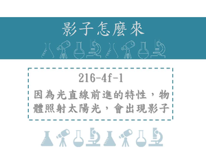 因為光直線前進的特性，物體照射太陽光，會有影子出現