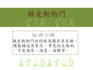 棘皮動物門的特徵為體表具有棘，運動構造為管足，常見的生物例子有海參、海星、海膽等