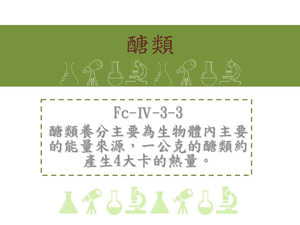 醣類養分主要為生物體內主要的能量來源，一公克的醣類約產生4大卡的熱量