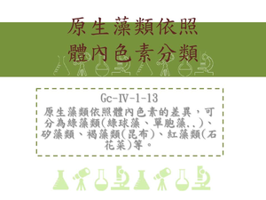 原生藻類依照體內色素的差異，可分為綠藻類[綠球藻、單胞藻..]、矽藻類、褐藻類[昆布]、紅藻類[石花菜]等