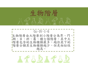 生物階層由大階層到小階層分為界、門、綱、目、科、屬、種七個階層，其中大階層包含的生物種類最多，越往底下的階層分類其生物種類越少，但是相似性越高
