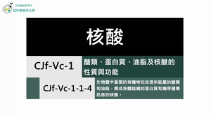 CJf-Vc-1-1-4 生物體中重要的有機物包括提供能量的醣類和油脂，構成身體組織的蛋白質，和攜帶遺傳訊息的核酸（Ⅳ）.mp4縮圖
